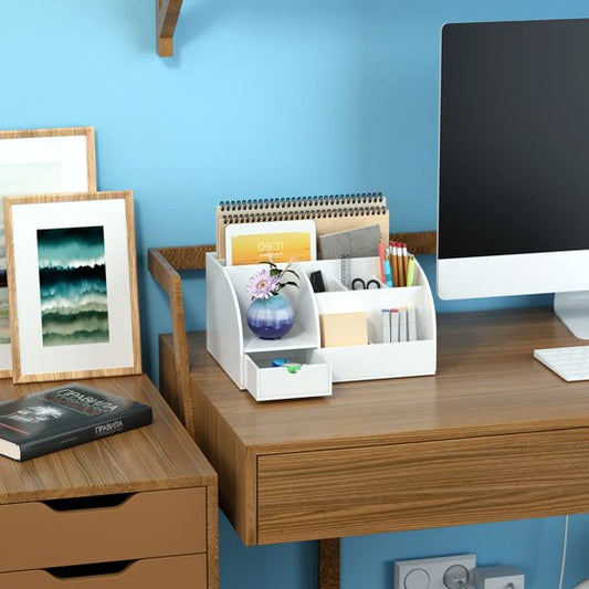 NIUBEE Desk Organizer Office Accessaries,Pen Organizer Storage with 8 Compartments +1 Drawer Desk, Fits for Pens, Scissors, Notepads & Office Supplies