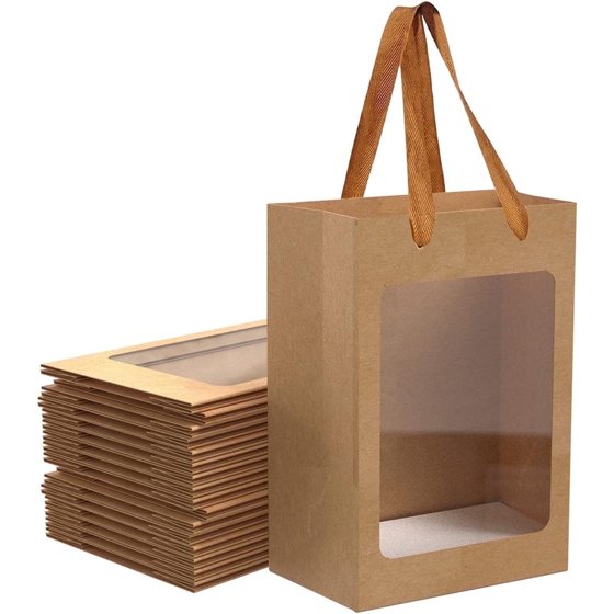 Zcintert 12 Pcs Brown Kraft Paper Gift Bags with Transparent Window - 7.09"x5.12"x9.84" Fabric Handles for Bouquets, Birthdays, Parties, Weddings & Gifting