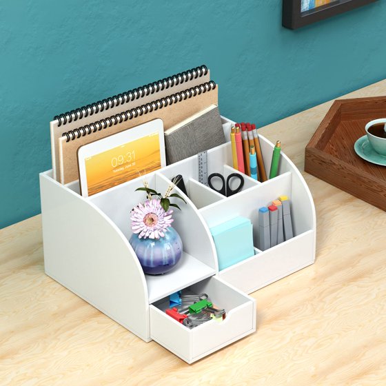 NIUBEE Desk Organizer Office Accessaries,Pen Organizer Storage with 8 Compartments +1 Drawer Desk, Fits for Pens, Scissors, Notepads & Office Supplies