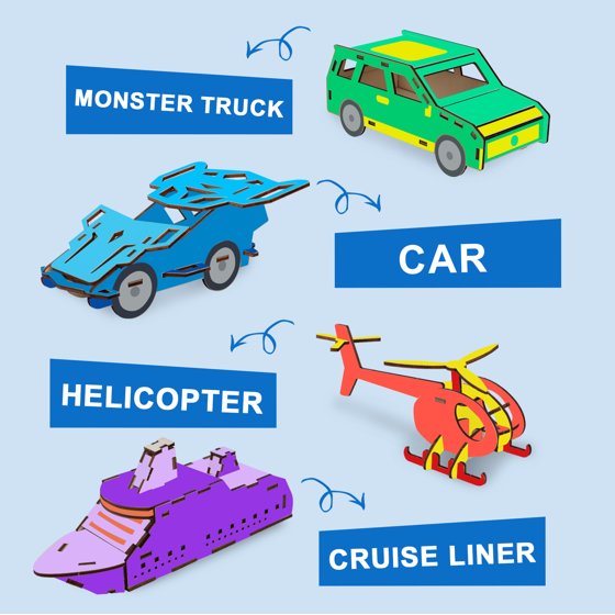 Build & Paint Your Own Wooden Cars, Monster Truck, Helicopter, Cruise Liner, DIY Wood Craft Kit, Easy to Assemble Arts Crafts Kit, Birthday Party Presents for Kids Boys Ages 6 and Up