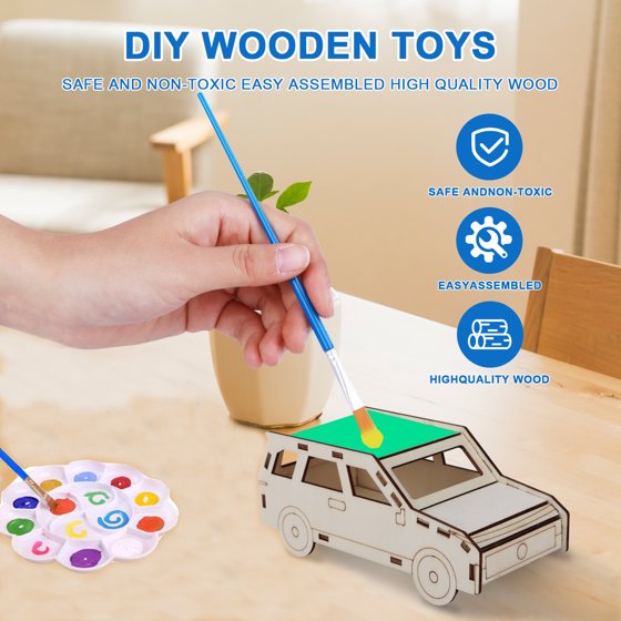 Build & Paint Your Own Wooden Cars, Monster Truck, Helicopter, Cruise Liner, DIY Wood Craft Kit, Easy to Assemble Arts Crafts Kit, Birthday Party Presents for Kids Boys Ages 6 and Up