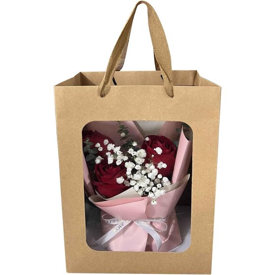 Zcintert 12 Pcs Brown Kraft Paper Gift Bags with Transparent Window - 7.09"x5.12"x9.84" Fabric Handles for Bouquets, Birthdays, Parties, Weddings & Gifting