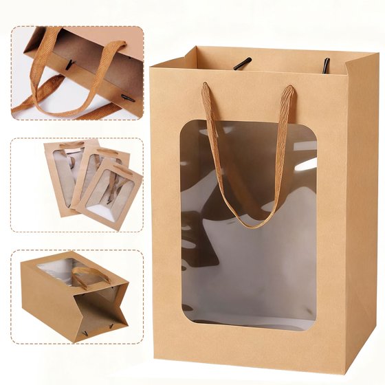 Zcintert 12 Pcs Brown Kraft Paper Gift Bags with Transparent Window - 7.09"x5.12"x9.84" Fabric Handles for Bouquets, Birthdays, Parties, Weddings & Gifting