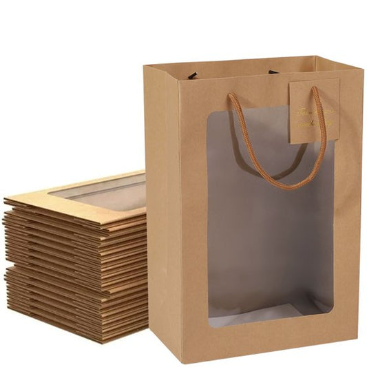 Zcintert 12 Pcs Brown Kraft Paper Gift Bags with Transparent Window - 7.09"x5.12"x9.84" Fabric Handles for Bouquets, Birthdays, Parties, Weddings & Gifting